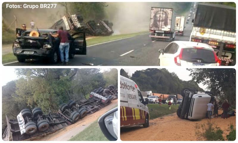 Carreta tomba após colidir num veículo em tráfego lento no Km 125