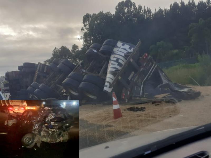 Acidente no Km 111 entre um HB20 e duas carretas sem vítimas causa congestionamento na 277
