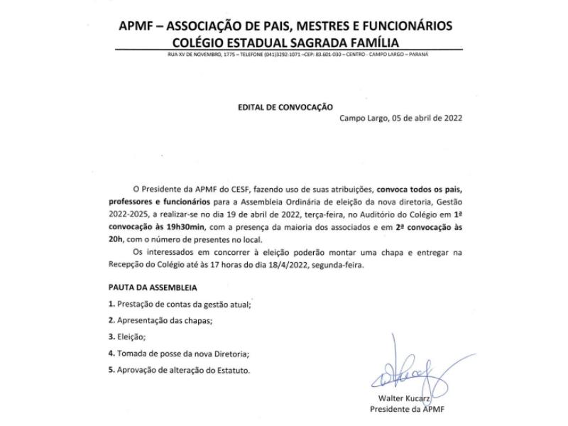APMF do Cesf convoca comunidade  escolar para Assembleia Ordinária