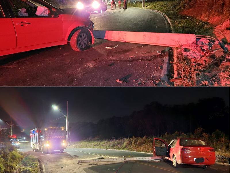 Automóvel bate forte e derruba poste de iluminação pública na Vila Campesi, em Campo Largo 