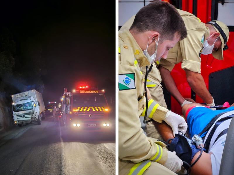Motorista socorrido pelo SIATE após colisão entre caminhões na BR-277 