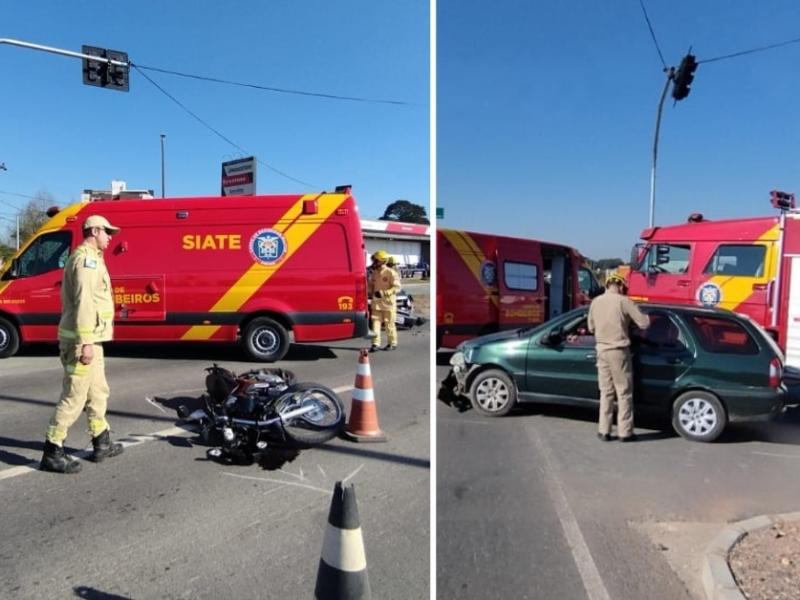 Condutor de moto é socorrido pelos Bombeiros ao se envolver em colisão com automóvel 