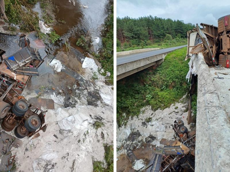 Caminhão tomba em cima da ponte na BR-376 e carga de uréia cai no Rio dos Pombos 