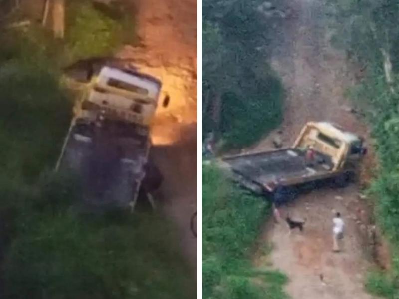 Moradores da Vila São Luiz levam susto ao caminhão voltar de ré após tentar subir estrada 
