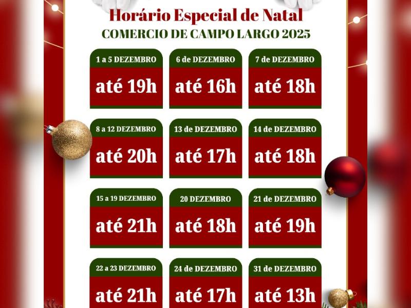 Acicla e Sindivarejista divulgam horário especial de atendimento do comércio de Campo Largo em dezembro